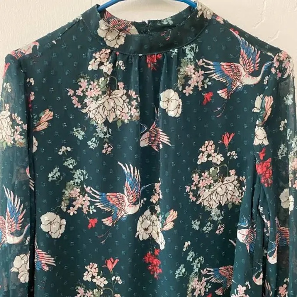 Kensie Teal Floral Bird Print Bohemian Blouse